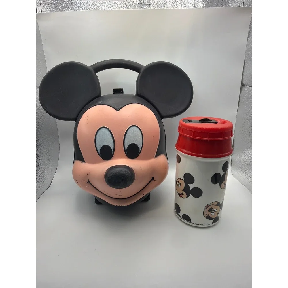 Vintage Mickey Mouse Head Plastic Lunch Box with Thermos Disney Collectible Set
